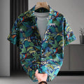 Men's short sleeve casual shirt with colourful floral print on cotton fabric, shown in a cardigan style.