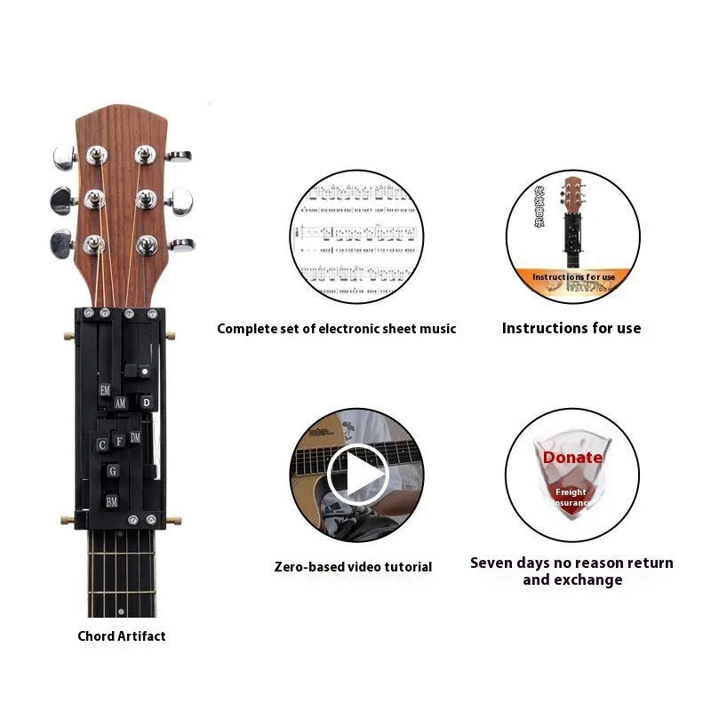 Black automatic chord device for folk guitar, showing the auxiliary gear mechanism for novice practice.