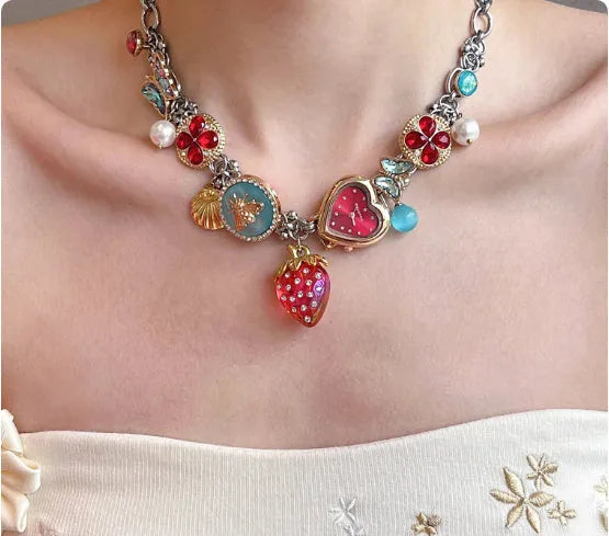 Red blue titanium steel necklace with strawberry clock and butterfly pendant