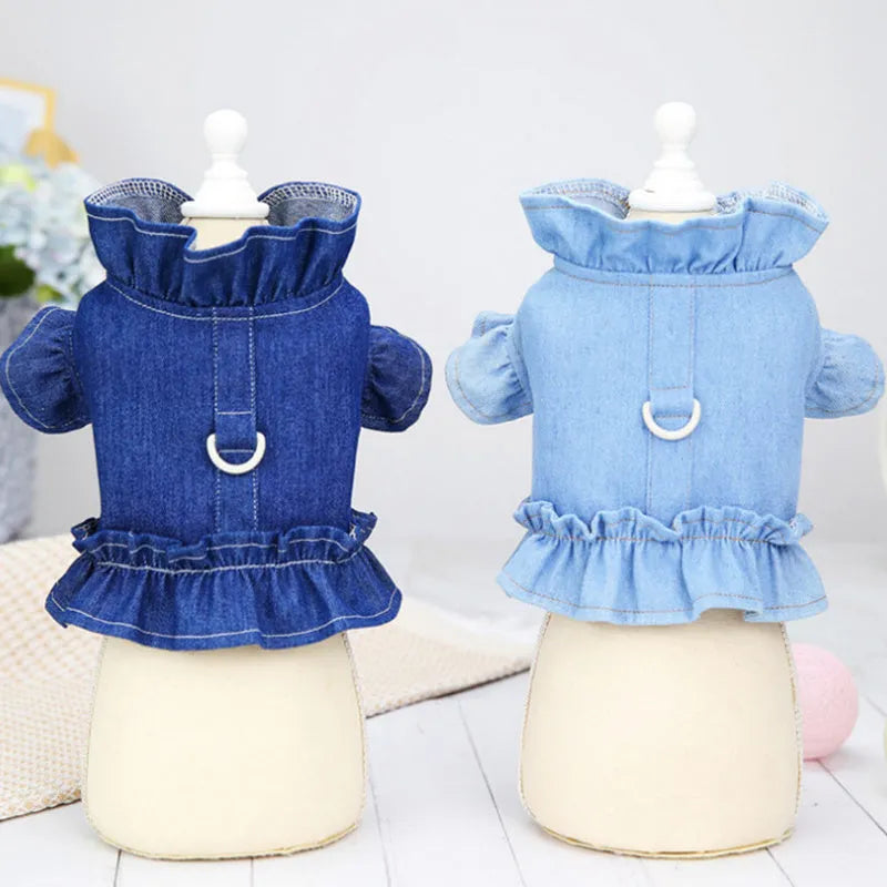 Blue denim dog dress with ruffles and built-in leash hook harness on chest and back