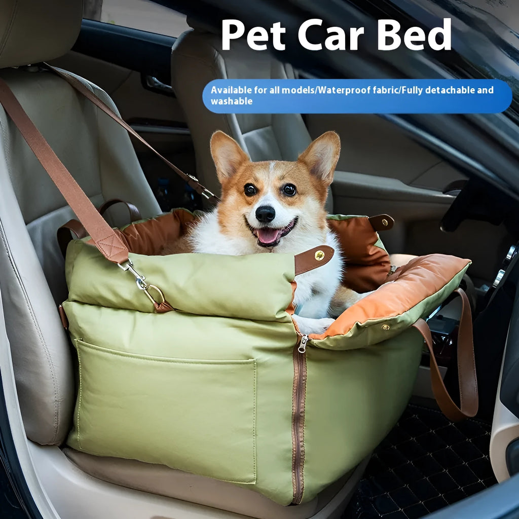 Portable cloth cat car kennel in brown colour, showing dimensions of 55 cm by 50 cm by 45 cm.