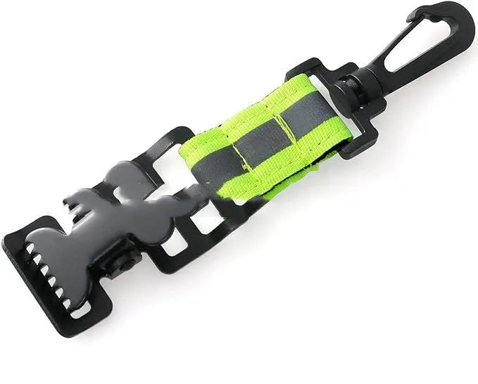 Fluorescent green metal safety clip with reflective nylon lining for securing fireman and work gloves.