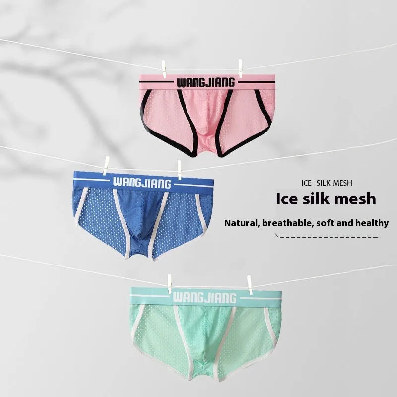 Men's triangular underwear in mesh ice silk fabric showing quick-dry sports briefs in multiple colours