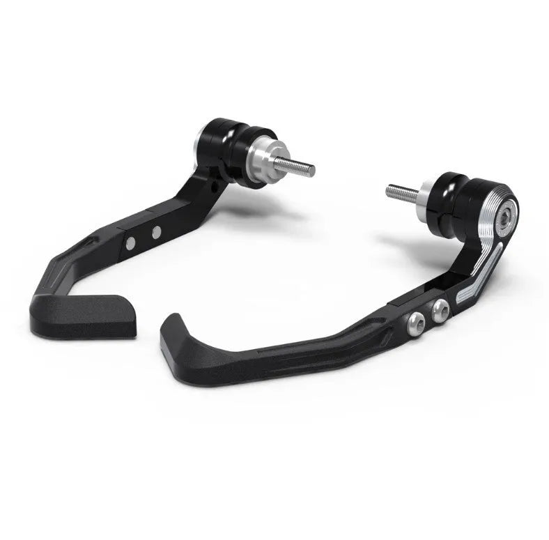 Pair of black CNC machined motorcycle bow protection pads for Honda CBR650F and CBR650R brake horn guard bar.