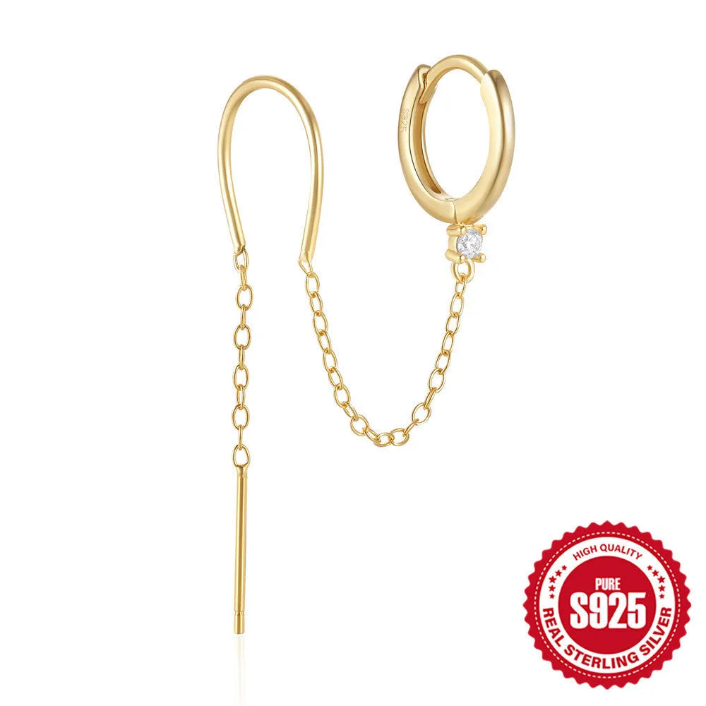 S925 sterling silver ear stud with gold electroplated flower and dangling tassel chain design.