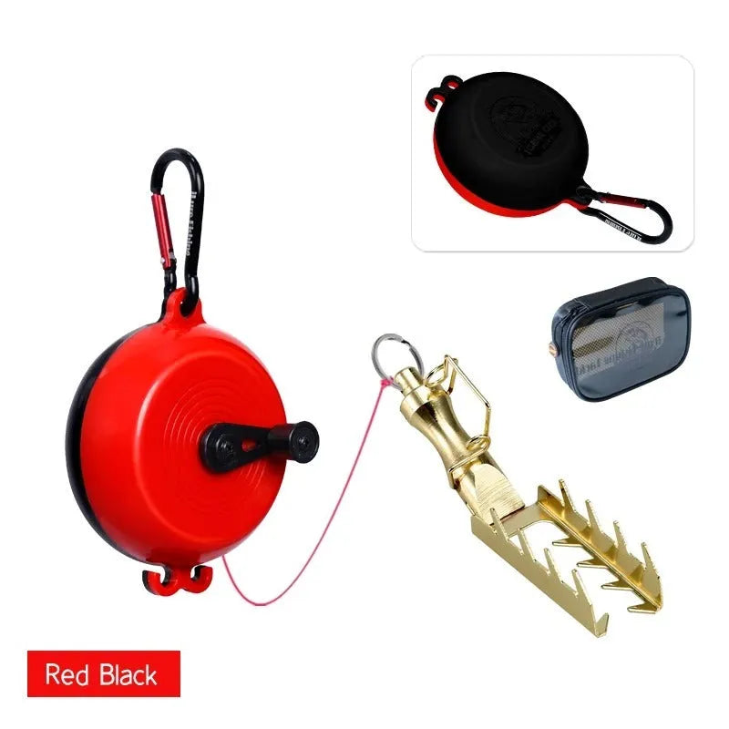 Fishing bait bottom lifter retriever device with coloured wheel and stainless steel hook on spool of braided line.