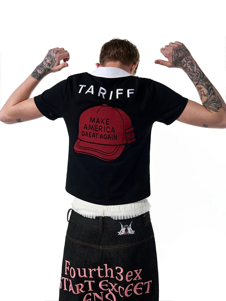 Black slim fit men's short sleeve polo shirt with an embroidered hat design on the front.