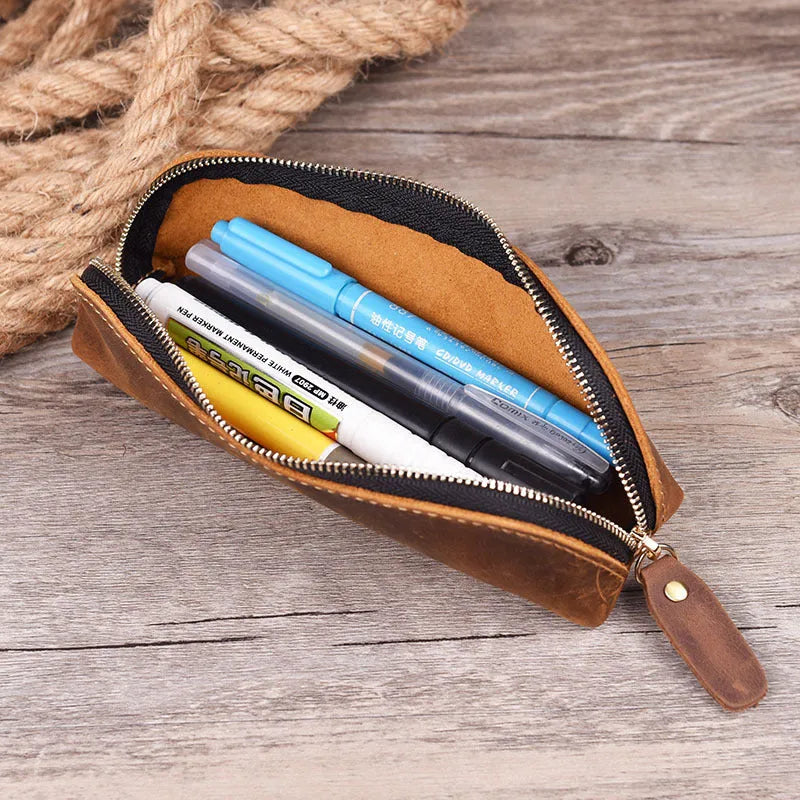 Handmade genuine leather pencil case in square design with zipper closure