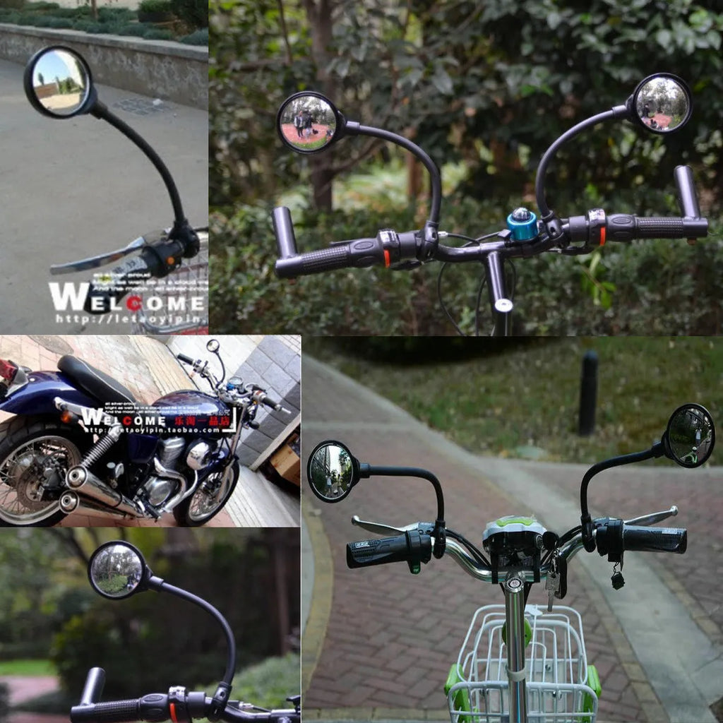 Black metal bicycle rearview mirror with adjustable hose mechanism for handlebar mounting