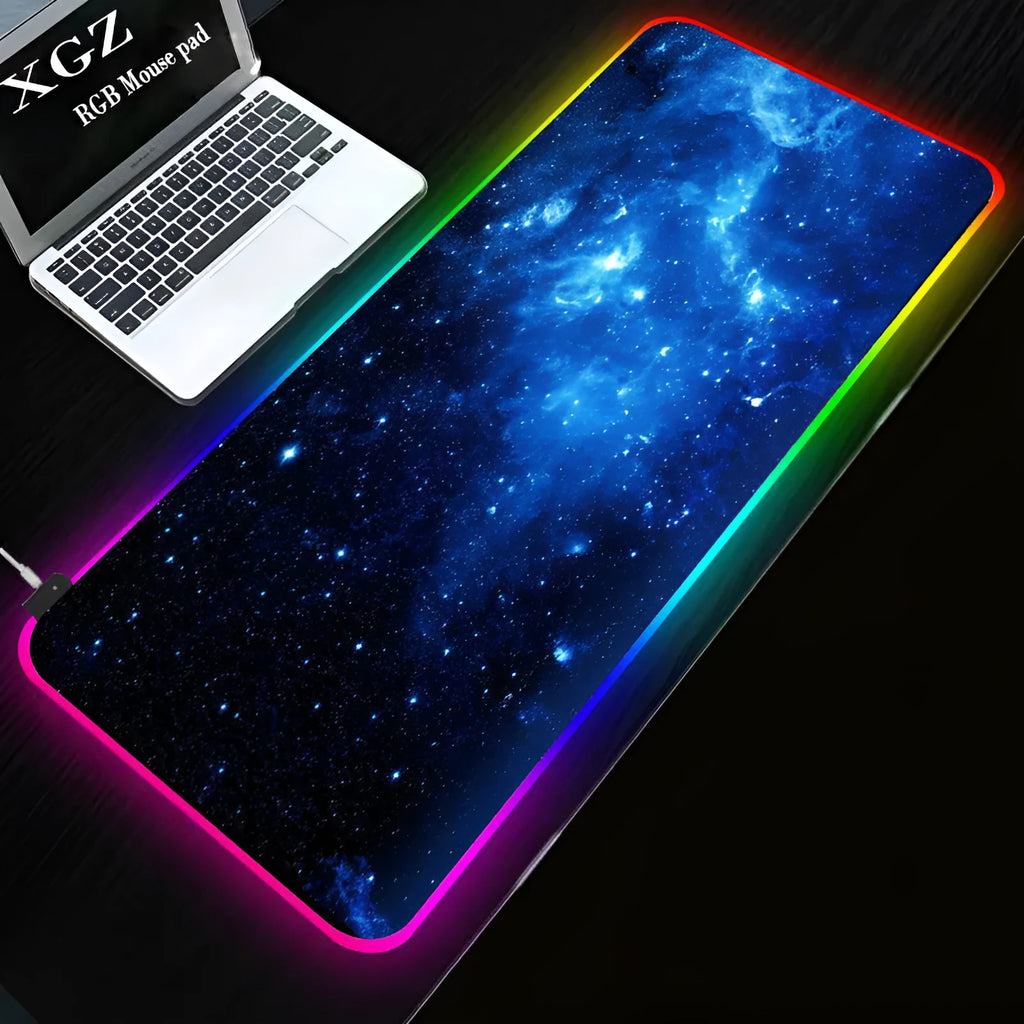 RGB luminous starry sky pattern mouse pad with natural rubber non-slip base on desk
