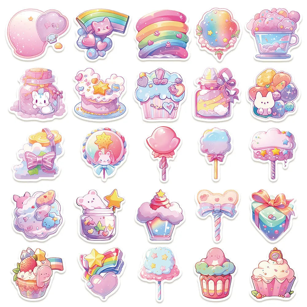 Pack of 50 cute candy-themed waterproof decorative stickers, sizes 4-7 cm.