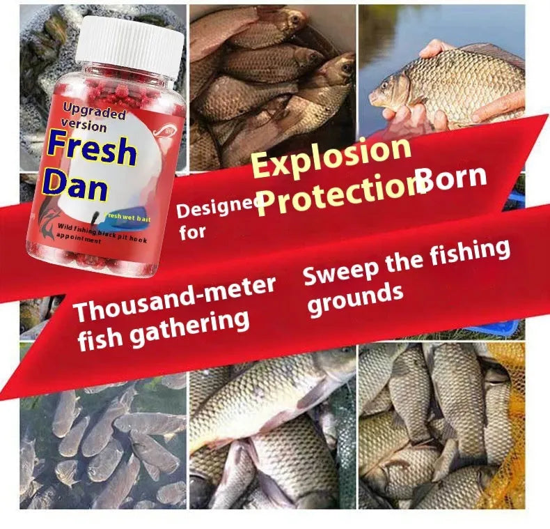 A fresh red plastic bottle containing grass green particle fishing bait for crucian carp.