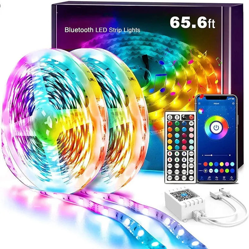 Bluetooth controlled RGB LED light strip with remote, showing colour change options.