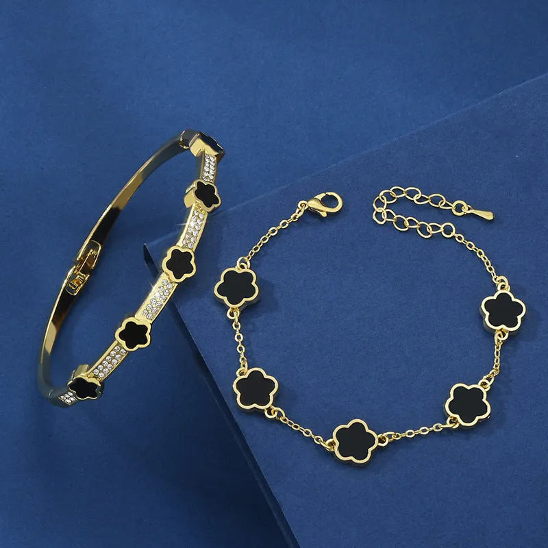 Five petal flower lace bracelet two-piece set in copper with electroplated finish, white colour variant TZ-809