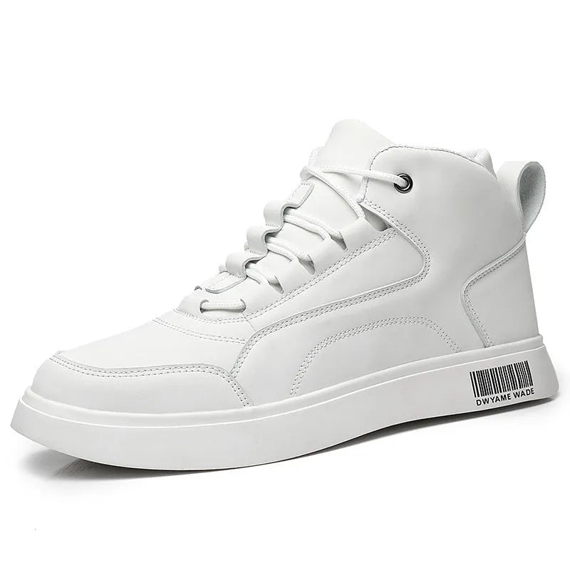 Men's white mid-top casual lace-up trainers with a round toe and flat rubber sole.