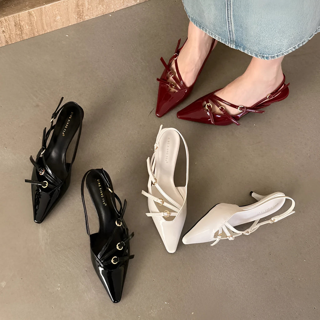 Ankle-strap stiletto sandals with square toe in satin