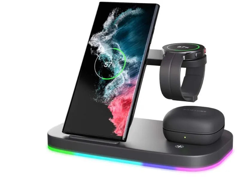 White vertical 3-in-1 wireless charging stand holding a mobile phone, a smartwatch, and wireless earbuds.