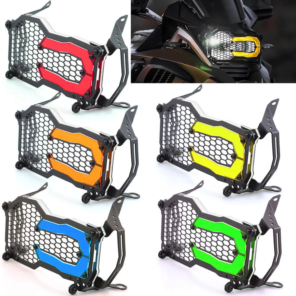 Quick release motorcycle headlight protective cover for BMW GS models in multiple colours.