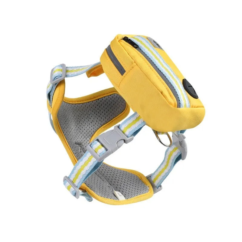 Pink explosion-proof dog harness with Y-front design and safety buckle on a dog, includes a 1.5m lead.