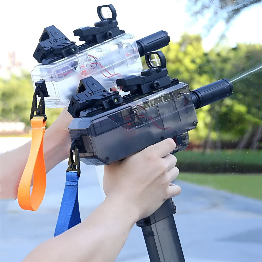 Electric rechargeable water gun toy with transparent casing showing internal mechanism and water