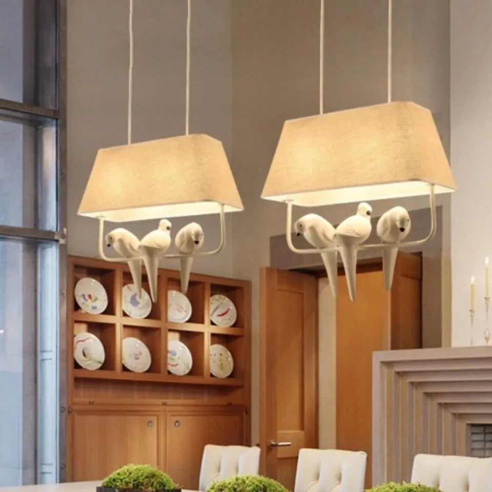 Bird-themed ceiling chandelier with fabric shade covers and iron framework for dining rooms and hallways
