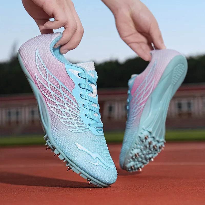 Track and field spiked shoes with mesh upper, PVC sole, front tie-up fastening, white and blue, sizes 36-45