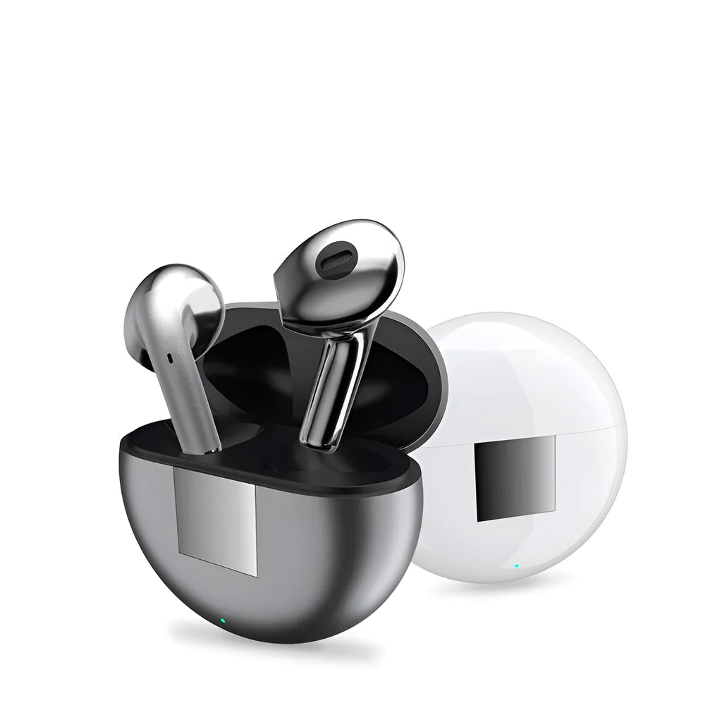 White Wireless Budz5 J6 Bluetooth earbuds and charging case on a table