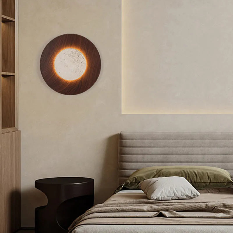 Round retro bedside wall lamp with yellow travertine lampshade and wood art body