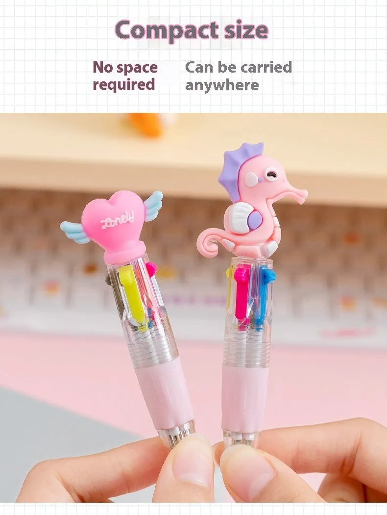 A four-colour ballpoint pen with a press top and a cute cartoon design on a silicone grip section.