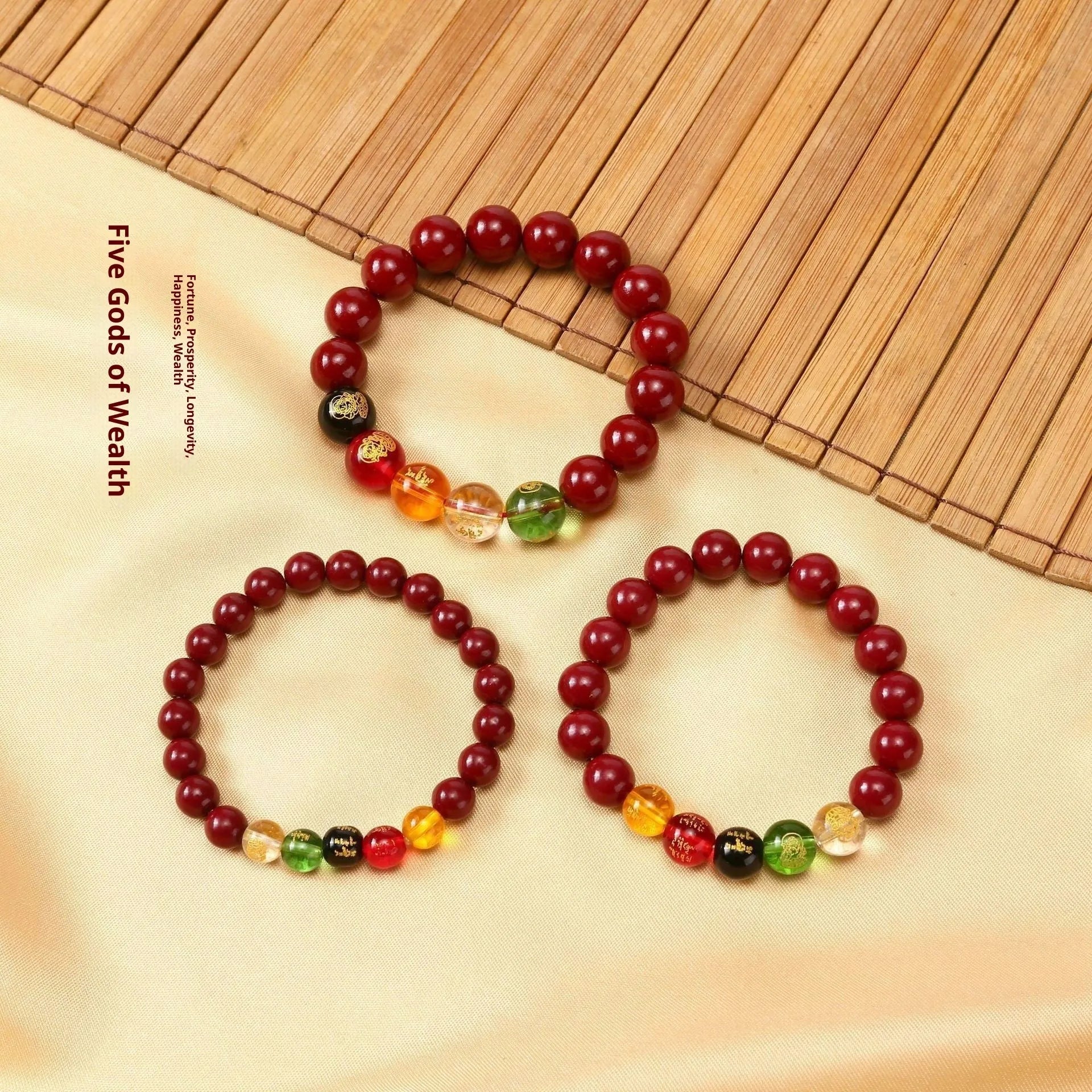 New Five Gods Of Wealth Cinnabar Bracelet in geometric bead shape, available in 8mm to 14mm sizes