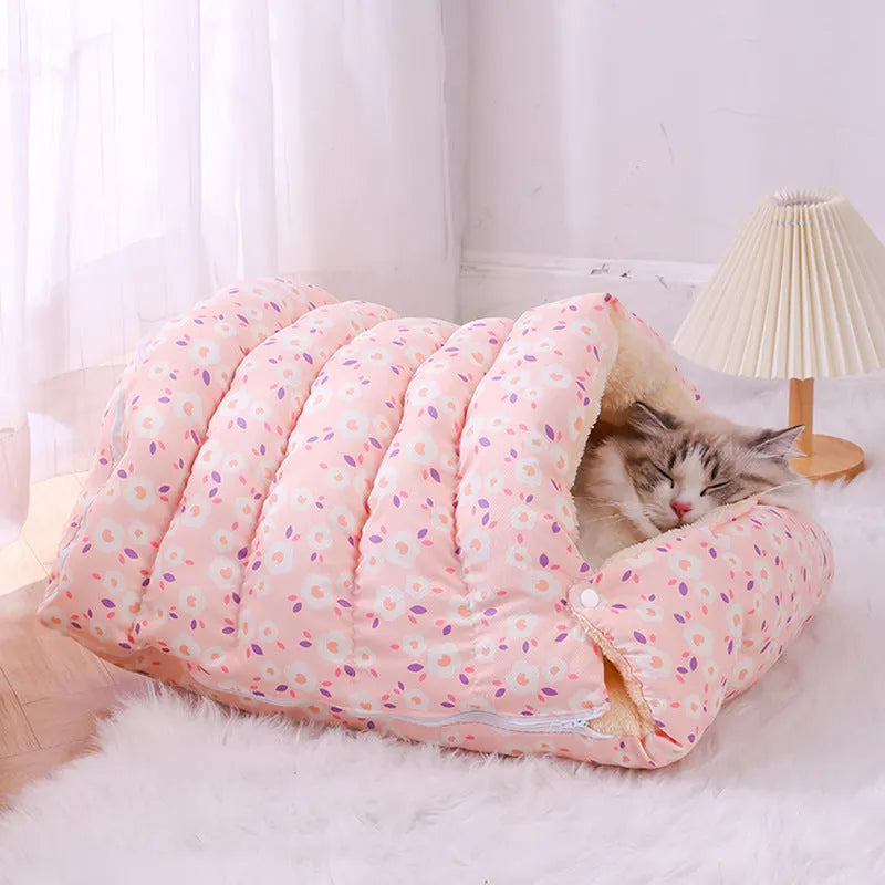Enclosed winter cat bed with a removable cover shown in a floral pattern, suitable for cage or home use.