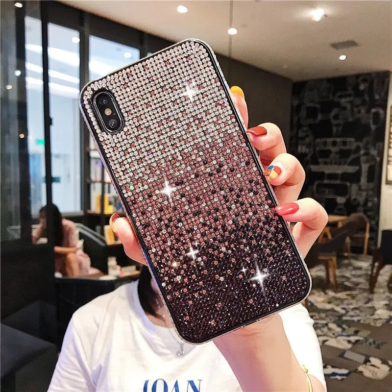 Gradient edge drill phone case for Apple iPhone with rhinestone accents and TPU PC construction