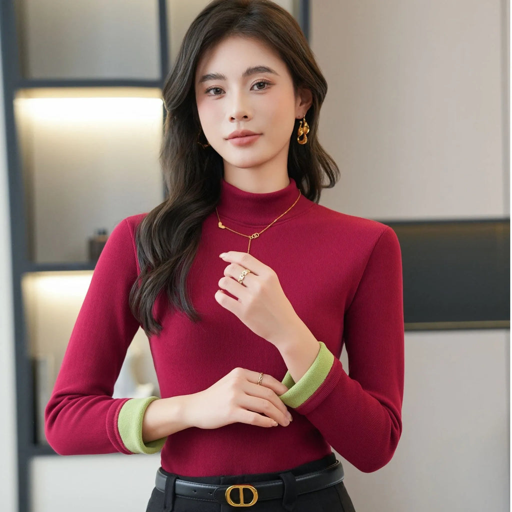 Women's fleece-lined thickened bottoming shirt with half high neck and long sleeves, six colours, sizes M to 4XL.