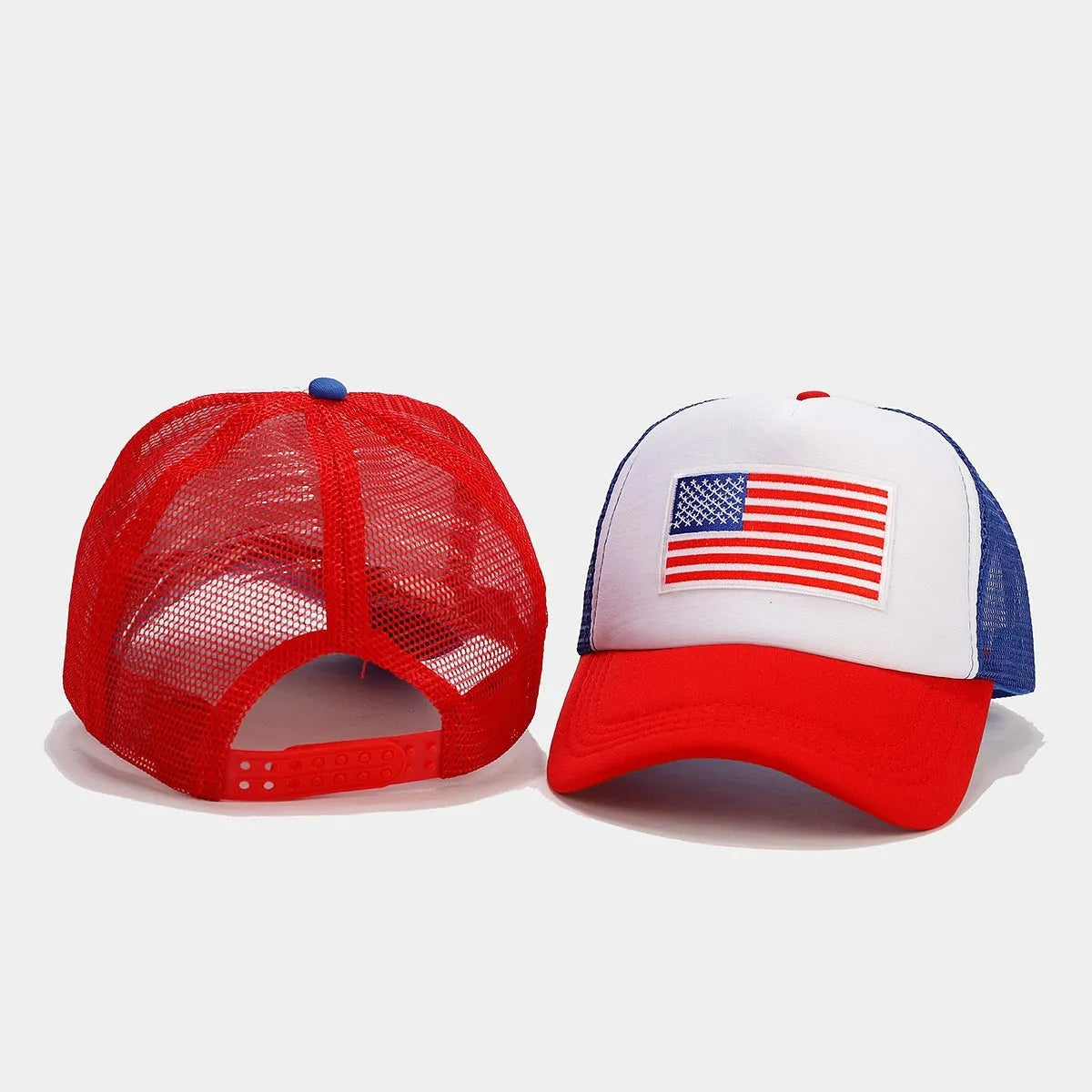 Red and blue contrast mesh baseball cap with adjustable dome crown design