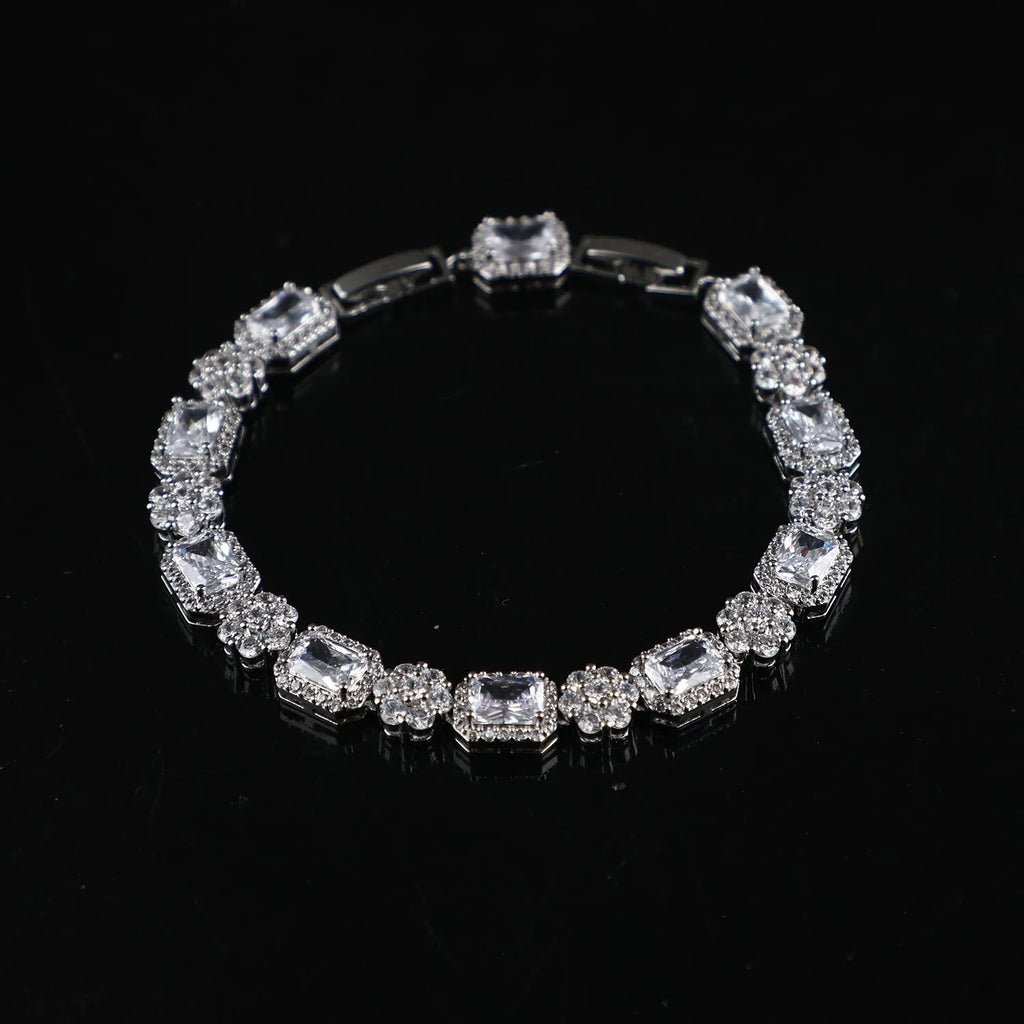 Copper and real white gold claw chain bracelet with full zircon stones, flower and geometric design, women's silver style