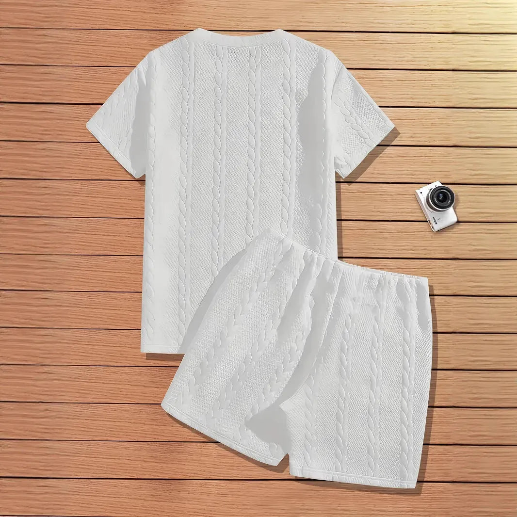 Men's black rib short sleeve sports T-shirt and matching shorts two-piece set with patch design