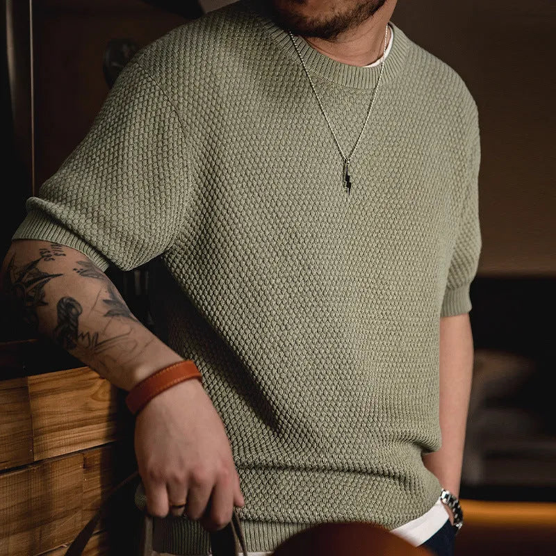 Men's pineapple pattern 3D knitting T-shirt in khaki green, cotton and viscose blend, short sleeve casual top
