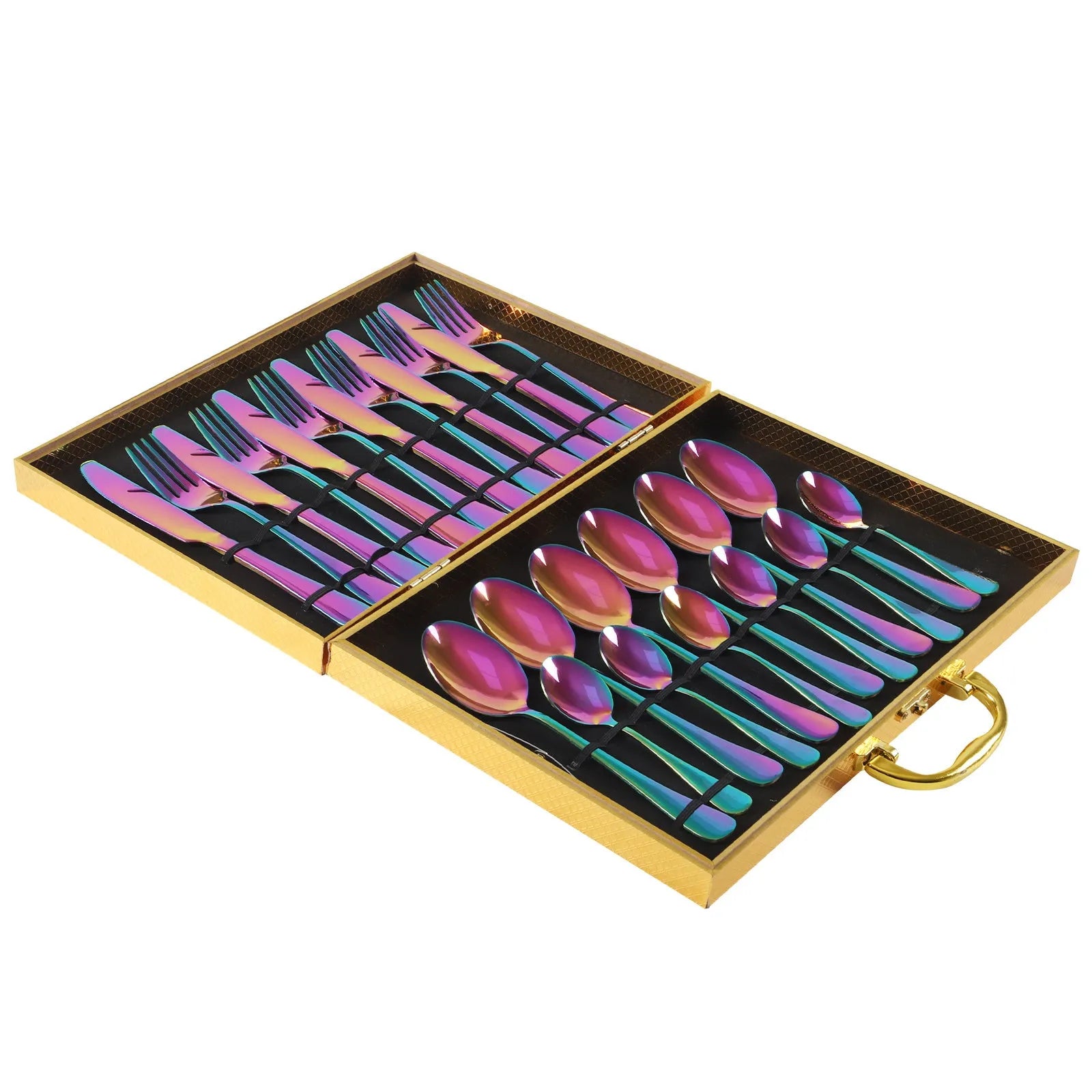 24-piece stainless steel cutlery set showing table knives, forks, and spoons in a gold colour option.