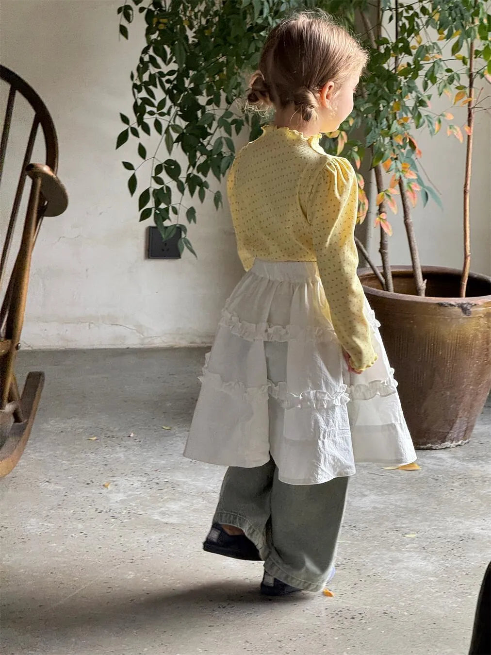 Girls' yellow cotton floral knitted pullover with wooden ear detail and bubble sleeves, long sleeve top