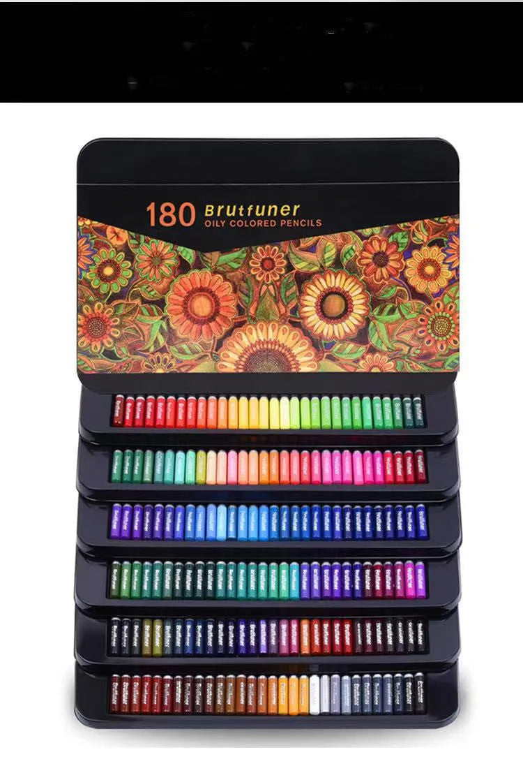 180-colour oily painting pencils in wooden cases organised in rainbow arrangement inside protective tin box