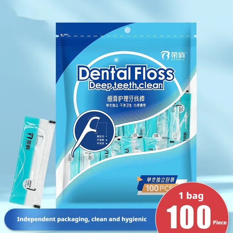 Plastic bag containing 100 independently packaged disposable dental floss strands