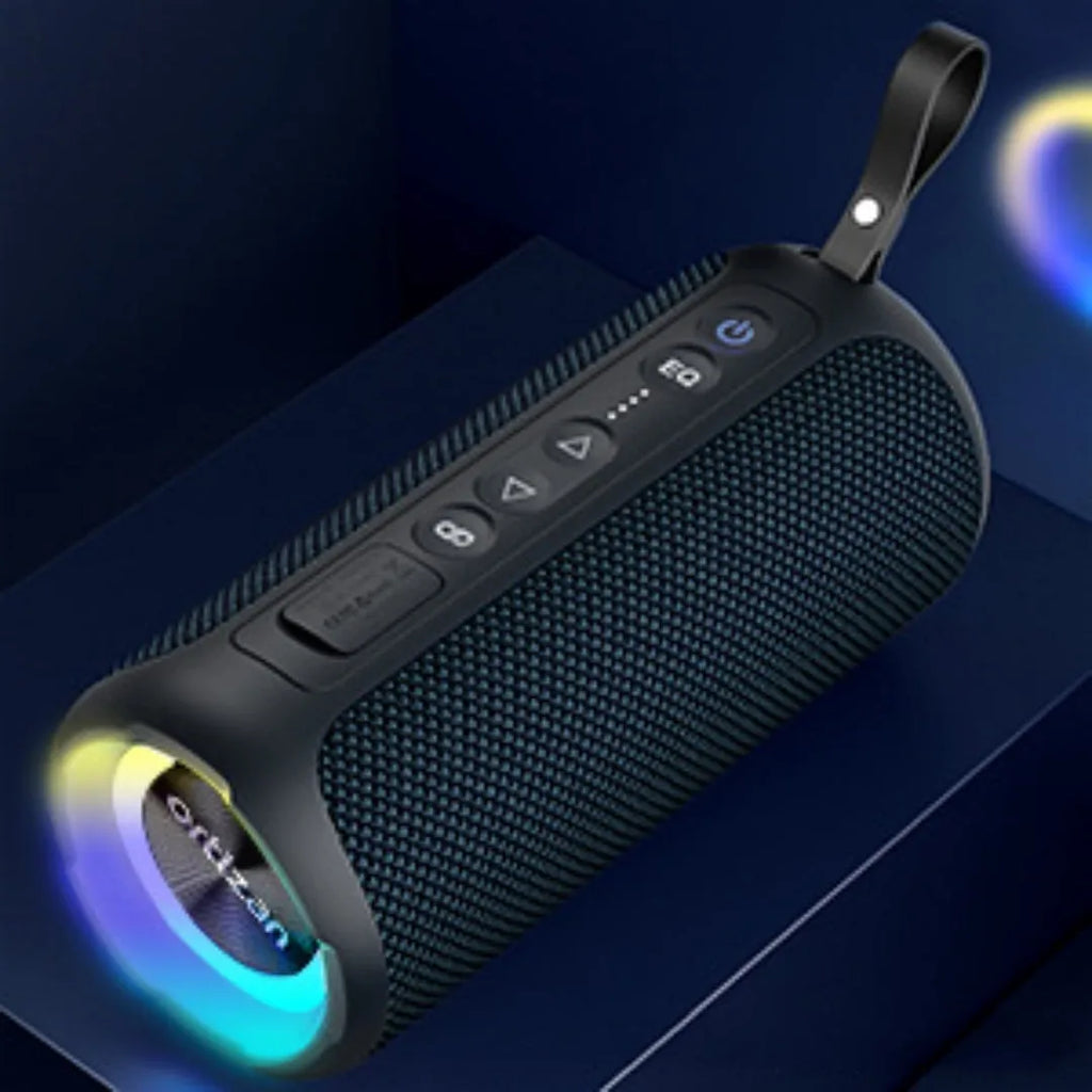 Black and blue fabric wireless Bluetooth speaker with luminous lights.