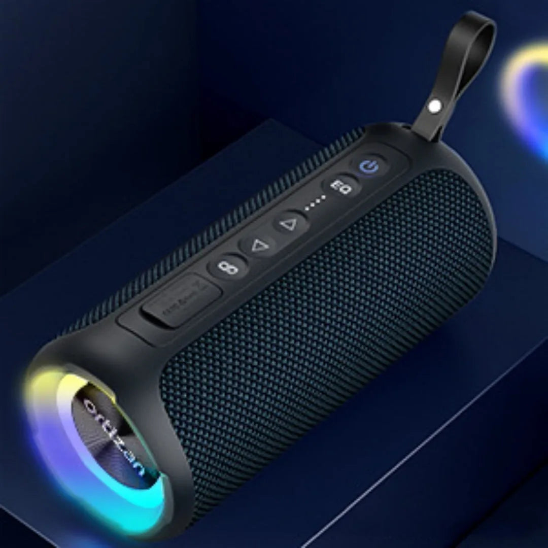 Black and blue fabric wireless Bluetooth speaker with luminous lights.