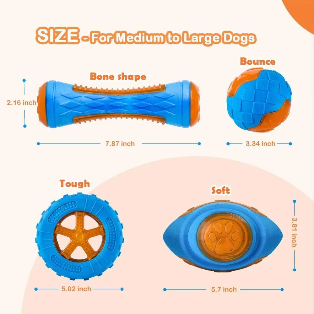 Set of four colourful floating dog toys: a ball, a barbell, and two tyres, on a blue background.