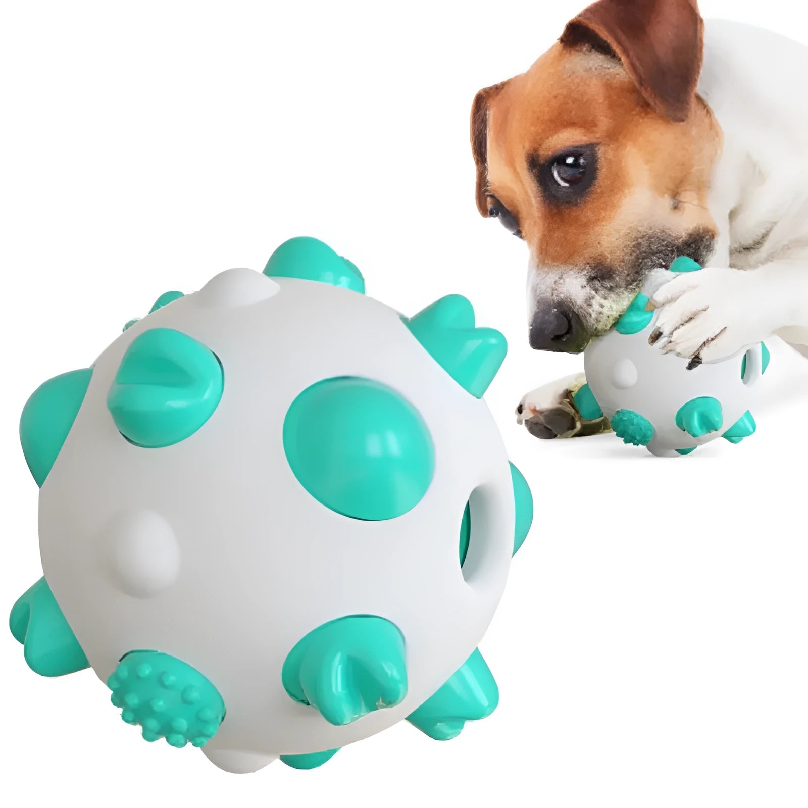 Blue green and yellow nylon dog teething chew ball with textured bumps and hollow treat-dispensing centre.