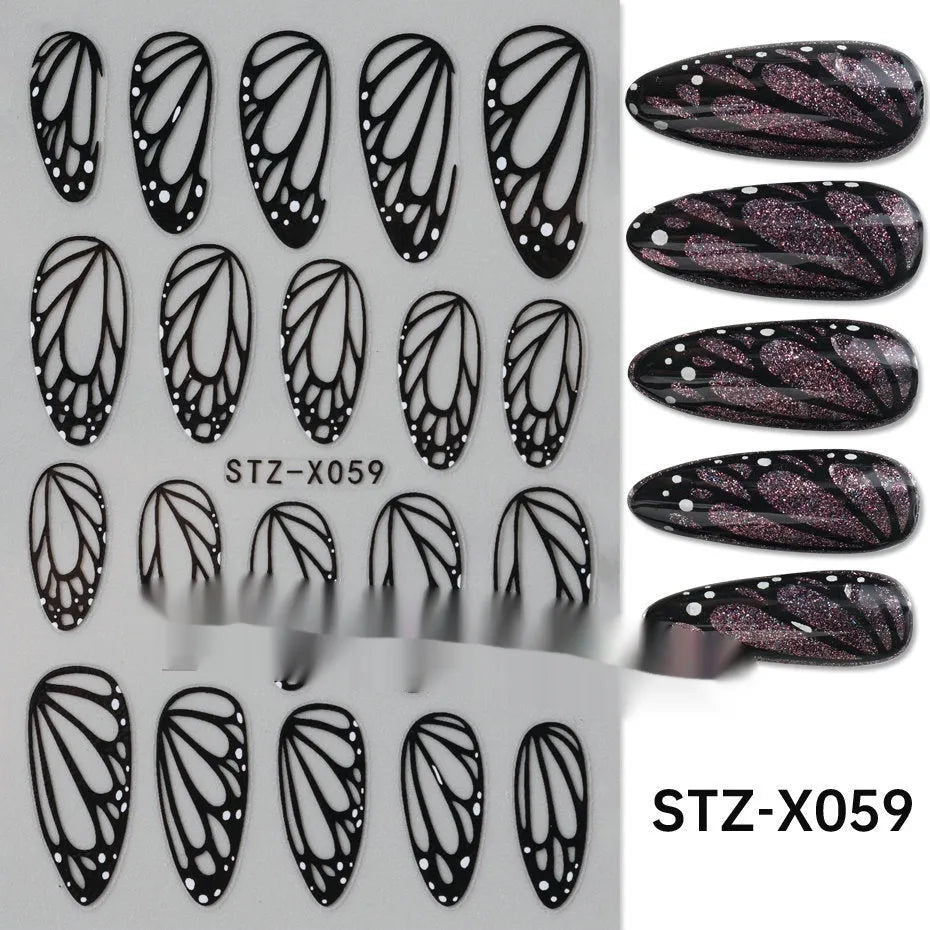 Black and silver striped cartoon pattern nail stickers with plastic application tool