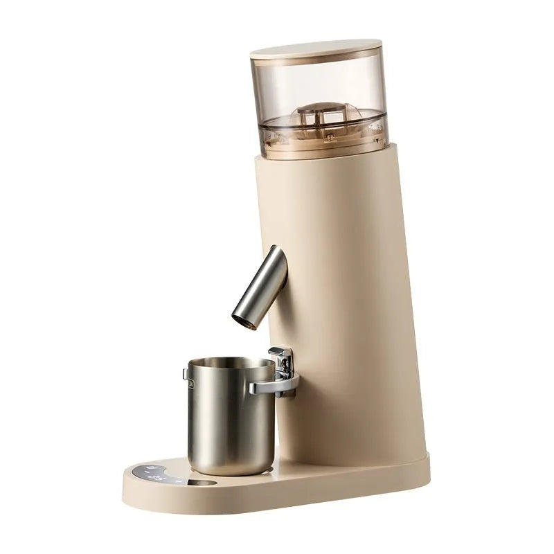Electric coffee grinder with stainless steel reservoir and temperature control display