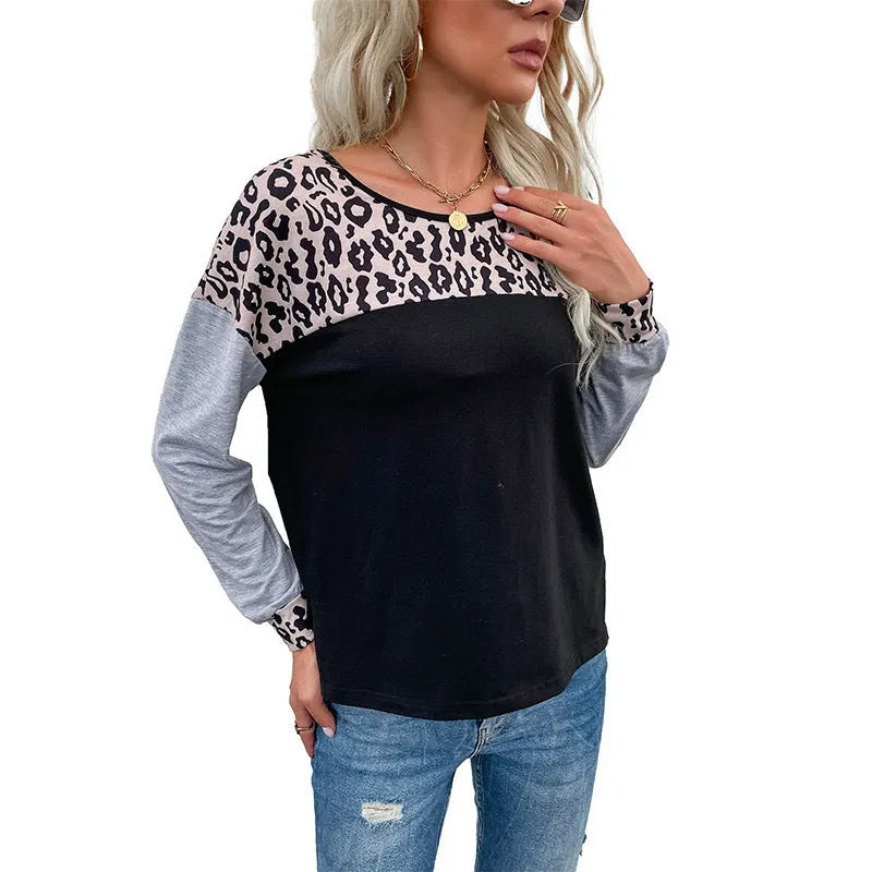 Women's loose fit round neck leopard print pullover sweater in black