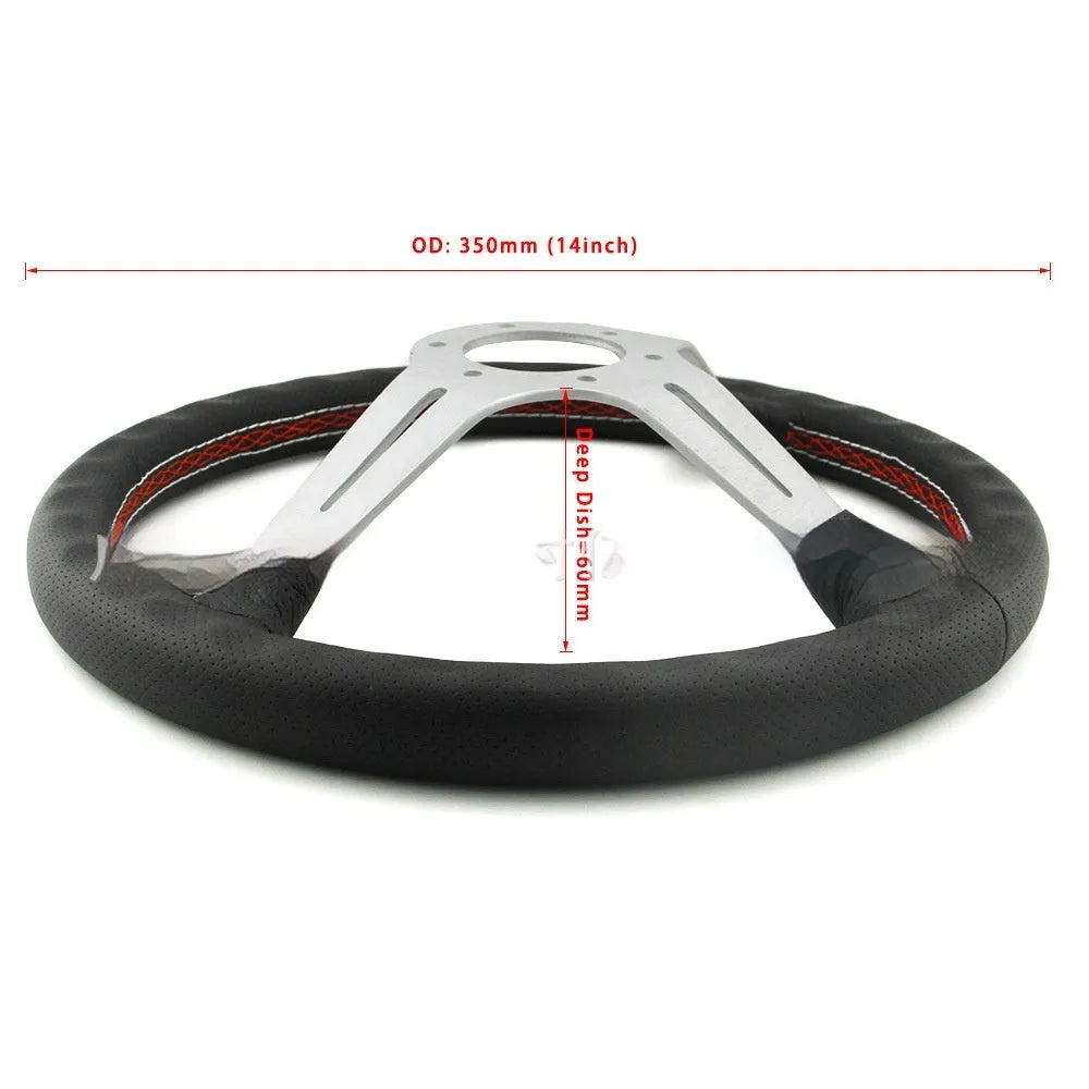 Leather-wrapped 14-inch steering wheel with concave sides on a black metal skeleton frame