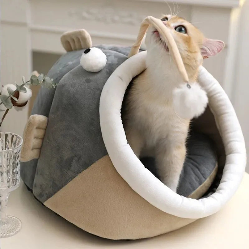 Grey semi-closed lantern fish shaped cat bed made of soft deerskin velvet, showing front opening.